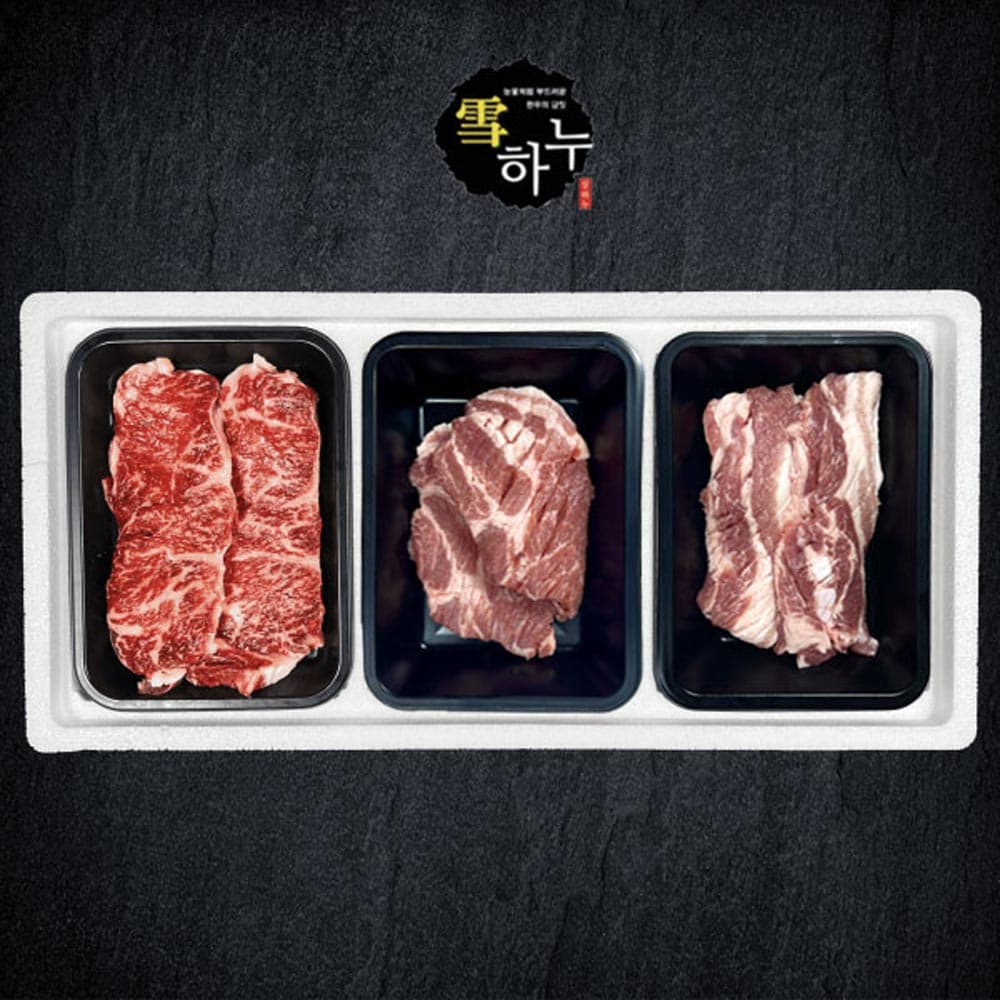 [설하누] 프리미엄 숙성 1++ 투뿔한우 등심 & 한돈 칼집 삼겹, 목살 혼합 세트