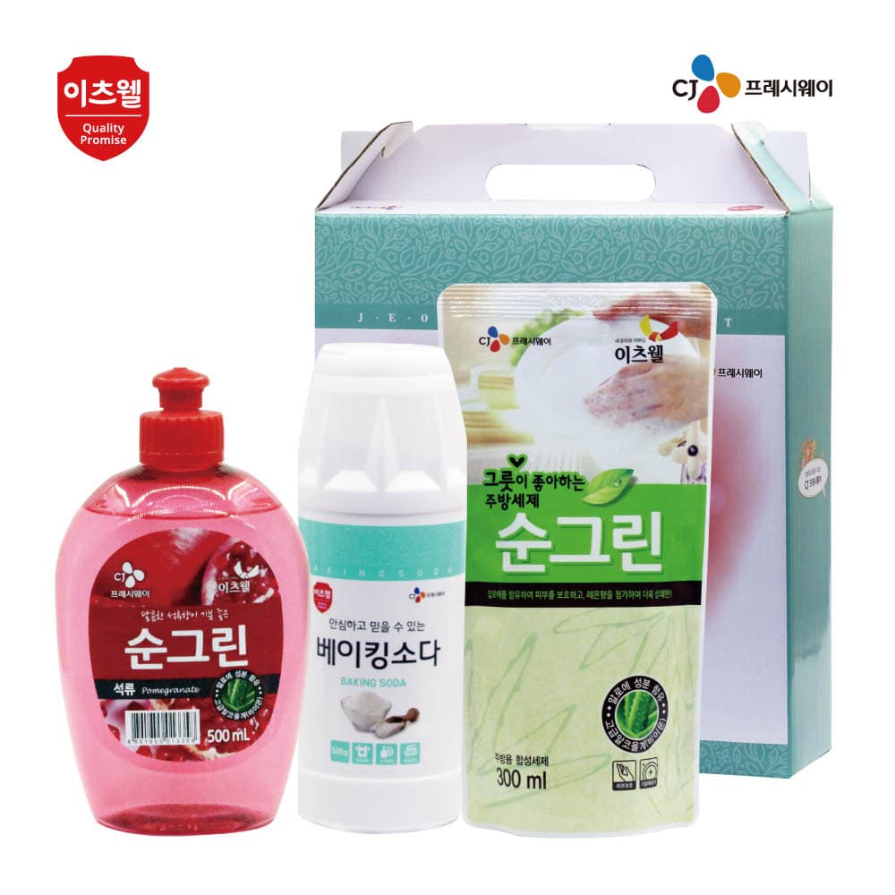 CJ이츠웰 순그린석류500ml,순그린리필300ml,베이킹소다500g용기 3종세트 00798