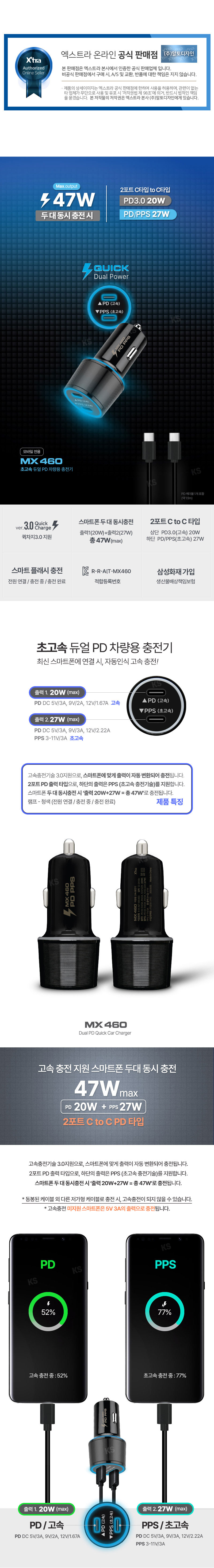 엑스트라 MX460 초고속 듀얼 PD 차량용 충전기(블랙) - PD 케이블 전용 상세이미지