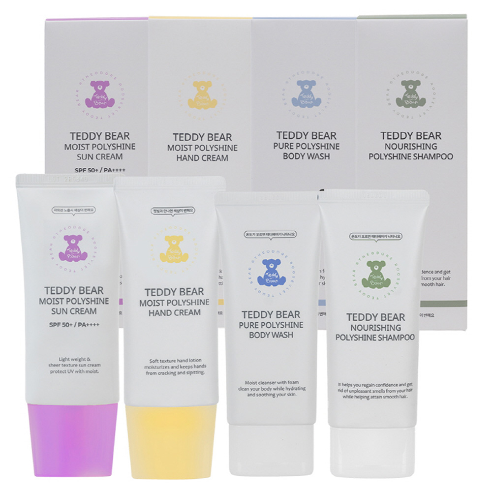 루즈벨트 테디베어모이스쳐 폴리샤인 썬크림(50ml)+모이스쳐 폴리샤인 핸드크림(50ml)+퓨어 폴리샤인 바디워시(50ml)+클린 스칼프 폴리샤인 샴푸(50ml) TBC-13 상세이미지